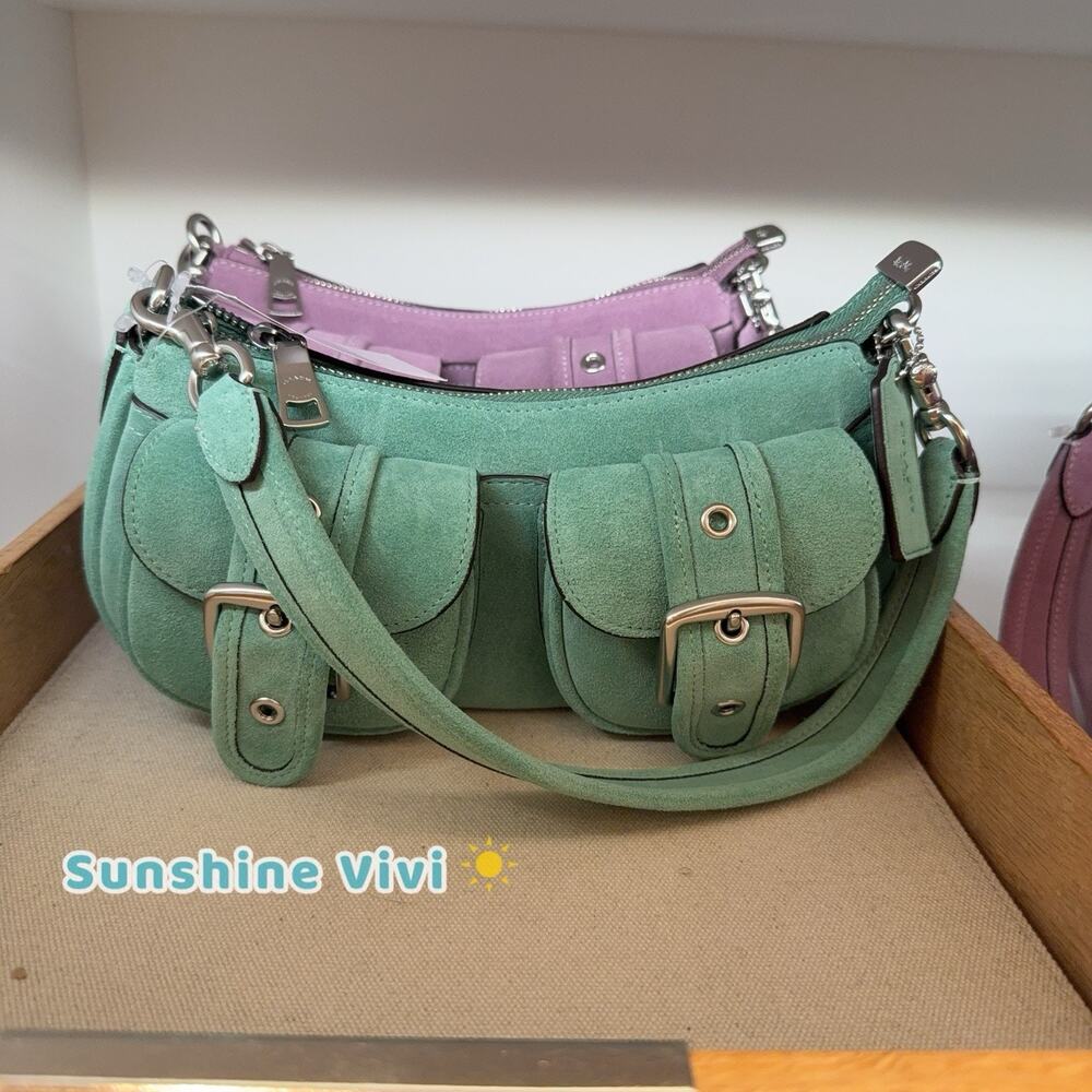 NWT Coach Ashton Bag Shoulder CDA95 Suede Smooth Leather Silver/Mint